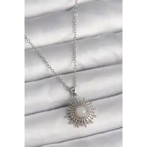 316L Çelik Gümüş Renk Zincir Beyaz Mineli Güneş Model Kadın Kolye