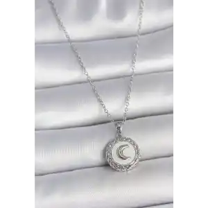 316L Çelik Gümüş Renk Zincir Beyaz Mineli Hilal İşlemeli Madalyon Model Kadın Kolye
