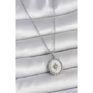 316L Çelik Gümüş Renk Zincir Beyaz Mineli Kutup Yıldız İşlemeli Madalyon Model Kadın Kolye