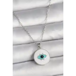 316L Çelik Gümüş Renk Zincir Beyaz Mineli Turkuaz Göz İşleme Model Kadın Kolye