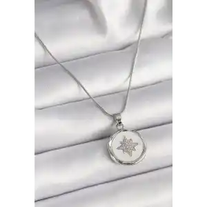 316L Çelik Gümüş Renk Zincir Beyaz Sedefli Zirkon Taşlı Yıldız İşleme Model Kadın Kolye