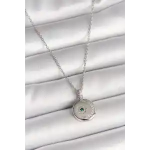 316L Çelik Gümüş Renk Zincir Madalyon Zirkon Taşlı İşlemeli Hilal Yıldız Model Kadın Kolye