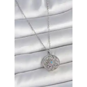 316L Çelik Gümüş Renk Zincir Mavi Taşlı Lotus Model Kadın Kolye