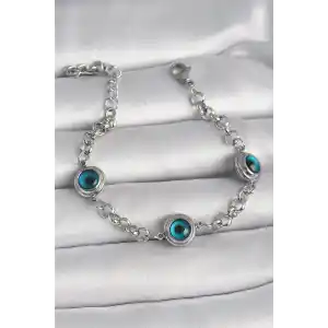 316L Çelik Gümüş Renk Zincir Model Nazar Boncuklu Kadın Bileklik