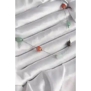 316L Çelik Gümüş Renk Zincir Renkli Doğaltaş Model Kadın Kolye