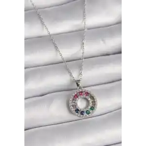 316L Çelik Gümüş Renk Zincir Renkli Zirkon Taşlı Madalyon Model Kadın Kolye