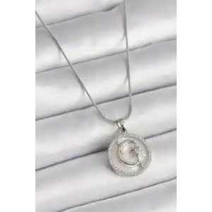 316L Çelik Gümüş Renk Zincir Zirkon Taş Detaylı Beyaz Sedefli Ay Yıldız İşleme Kadın Kolye