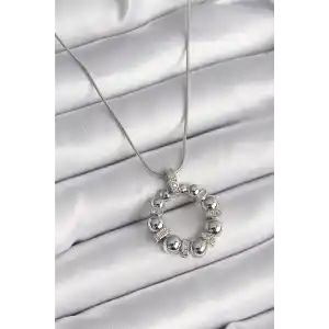316L Çelik Gümüş Renk Zincir Zirkon Taş Detaylı Bombeli Halka Model Kadın Kolye
