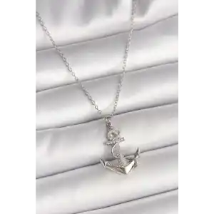 316L Çelik Gümüş Renk Zincir Zirkon Taş Detaylı Çapa Model Kadın Kolye