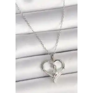 316L Çelik Gümüş Renk Zincir Zirkon Taş Detaylı Kalp Model Kadın Kolye