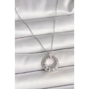316L Çelik Gümüş Renk Zincir Zirkon Taş İşlemeli Daire Model Kadın Kolye