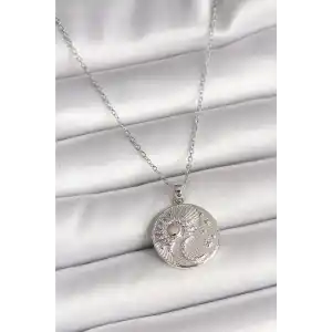 316L Çelik Gümüş Renk Zincir Zirkon Taşlı Ay Güneş İşlemeli Madalyon Model Kadın Kolye