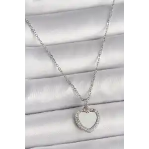 316L Çelik Gümüş Renk Zincir Zirkon Taşlı Beyaz Mineli Kalp Model Kadın Kolye