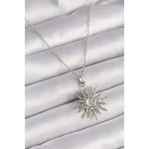 316L Çelik Gümüş Renk Zincir Zirkon Taşlı Güneş Model Sedefli Ay İşleme Detay Kadın Kolye