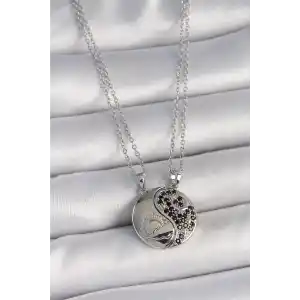 316L Çelik Gümüş Renk Zincir Zirkon Taşlı Ying Yang Model Gün Batımı İşlemeli Arakdaşlık Kadın Kolye