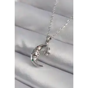 316L Çelik Gümüş Renk Zirkon Taşlı Ay Yıldız Model Kadın Kolye