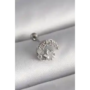 316L Çelik Gümüş Renk Zirkon Taşlı Ay Yıldız Tragus Piercing