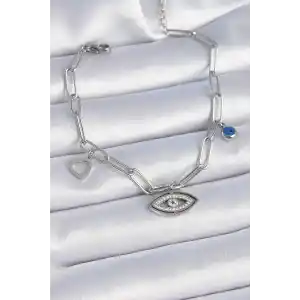 316L Çelik Gümüş Renk Zirkon Taşlı Göz Figür Kalp Detay Kadın Bileklik