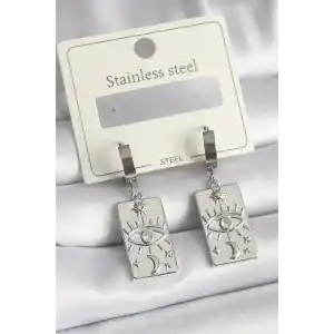 316L Çelik Gümüş Renk Zirkon Taşlı Göz İşleme Detaylı Plaka Model Kadın Küpe