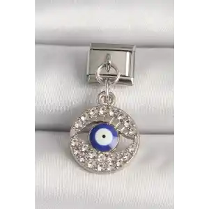 316L Çelik Gümüş Renk Zirkon Taşlı Göz Model Nazar Boncuk Detay Nomination Charm