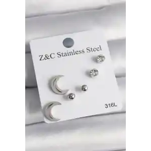 316L Çelik Gümüş Renk Zirkon Taşlı Hilal Model Kadın Küpe Seti