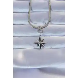 316L Çelik Gümüş Renk Zirkon Taşlı İtalyan Zincirli Kutup Yıldızı Kolye