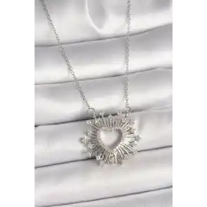 316L Çelik Gümüş Renk Zirkon Taşlı Kalp Model Kadın Kolye