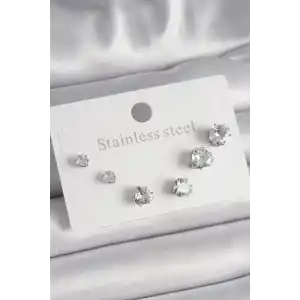 316L Çelik Gümüş Renk Zirkon Taşlı Kalp Model Kadın Küpe Seti