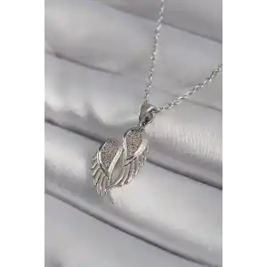 316L Çelik Gümüş Renk Zirkon Taşlı Kanat Model Kadın Kolye