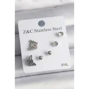 316L Çelik Gümüş Renk Zirkon Taşlı Kelebek Model Kadın Küpe Seti