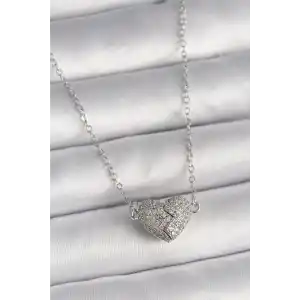 316L Çelik Gümüş Renk Zirkon Taşlı Mıknatıslı Kalp Model Kadın Kolye