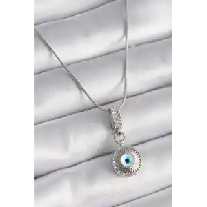 316L Çelik Gümüş Renk Zirkon Taşlı Nazar Boncuk Model Kadın Kolye