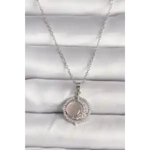316L Çelik Gümüş Renk Zirkon Taşlı Pembe Sedefli Hilal Model Kadın Kolye