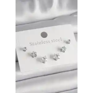 316L Çelik Gümüş Renk Zirkon Taşlı Yıldız Model Kadın Küpe Seti