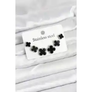 316L Çelik Gümüş Siyah Renk 3 Boy Yonca Küpe Seti