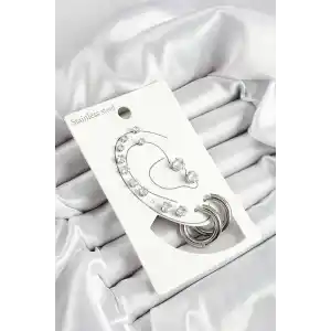 316L Çelik Halka Figürlü Ve Zirkon Taşlı Gümüş Renk 7li Çift Kadın Küpe Set