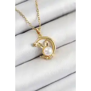 316L Çelik İnci Detaylı Hilal Tavşan Model Gold Renk Kadın Kolye