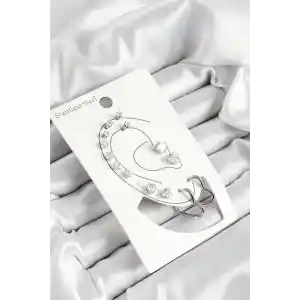 316L Çelik Kalp Figürlü Ve Zirkon Taşlı Gümüş Renk 7li Çift Kadın Küpe Set