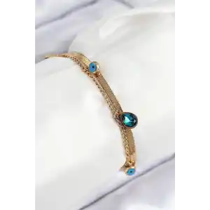 316L Çelik Nazar Boncuk Detaylı Mavi Zirkon Taşlı Model İtalyan Zincir Gold Renk Kadın Bileklik