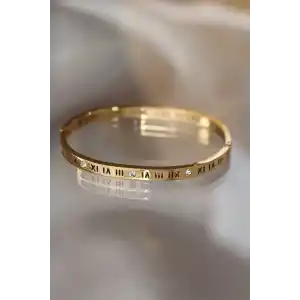 316L Çelik Roma Rakamlı Gold Renk Bilezik Kelepçe