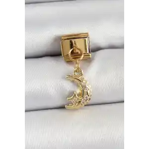 316L Çelik Sallantılı Zirkon Taşlı Ay Model Gold Renk Nomination Charm