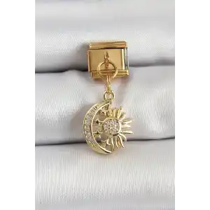 316L Çelik Sallantılı Zirkon Taşlı Ay Ve Güneş Model Gold Renk Nomination Charm
