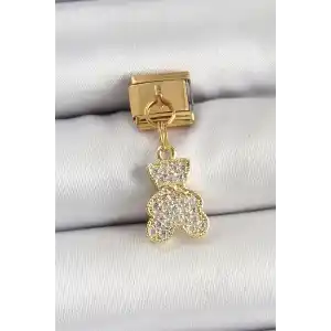 316L Çelik Sallantılı Zirkon Taşlı Ayıcık Model Gold Renk Nomination Charm