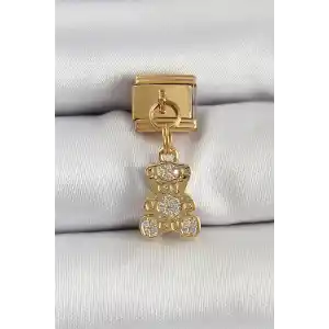 316L Çelik Sallantılı Zirkon Taşlı Ayıcık Model Gold Renk Nomination Charm