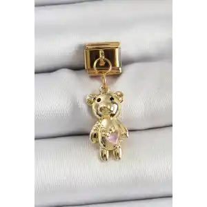 316L Çelik Sallantılı Zirkon Taşlı Ayıcık Model Gold Renk Nomination Charm