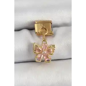 316L Çelik Sallantılı Zirkon Taşlı Çiçek Figürlü Kelebek Model Gold Renk Nomination Charm