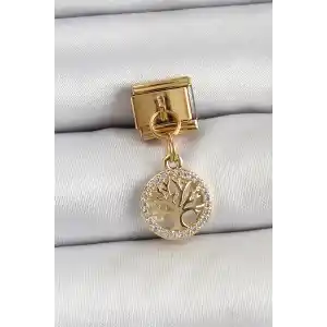 316L Çelik Sallantılı Zirkon Taşlı Hayat Ağacı Model Gold Renk Nomination Charm