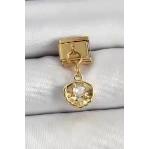 316L Çelik Sallantılı Zirkon Taşlı İstiridye Model Gold Renk Nomination Charm