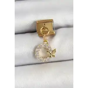 316L Çelik Sallantılı Zirkon Taşlı Kelebek Detaylı Halka Model Gold Renk Nomination Charm