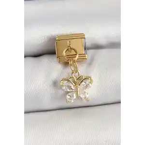 316L Çelik Sallantılı Zirkon Taşlı Kelebek Model Gold Renk Nomination Charm